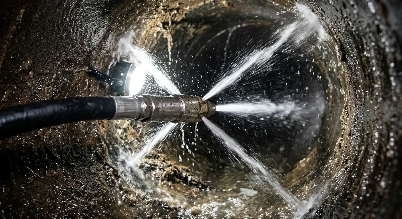 High-pressure hydro jetting nozzle cleaning sewer pipe for Emergency Drain Service in Port Wentworth