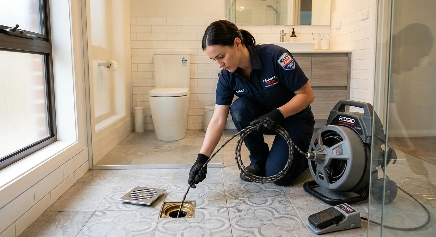 Technician clearing a bathroom floor drain for Drain Repair in Port Wentworth